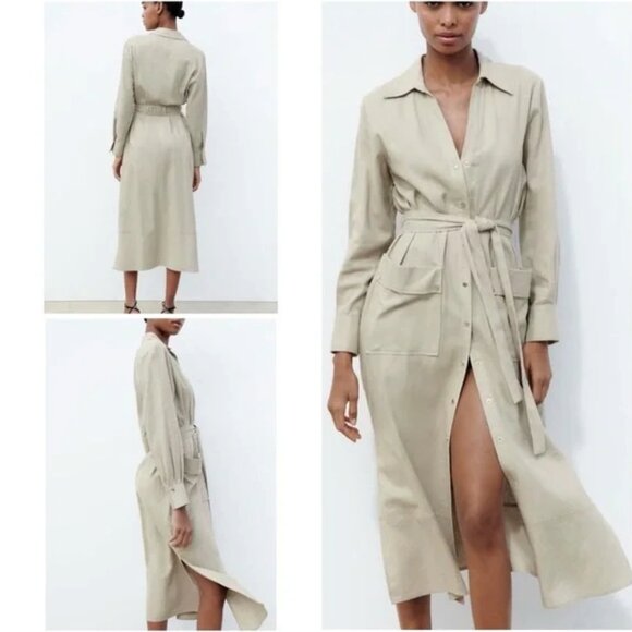 Zara Dresses & Skirts - Zara women S linen midi shirt dress tied earthy gold snap buttons tan trench
